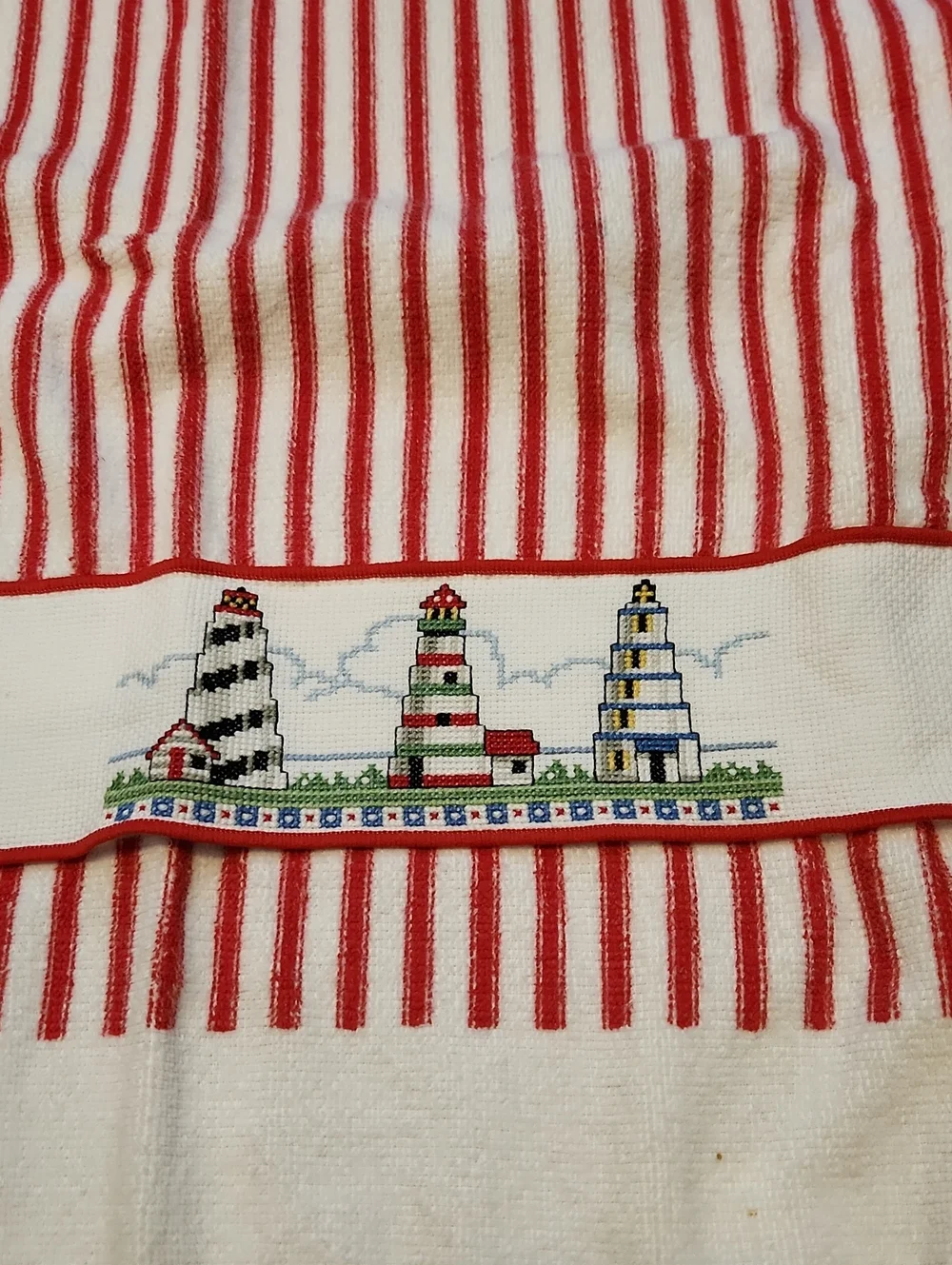 Striped Red & White Kitchen Towel with Embroidered Lighthouses Handmade